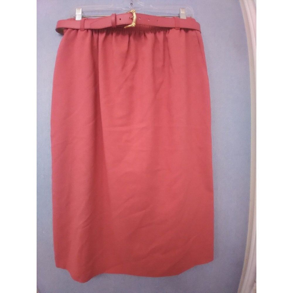 Vintage Coral Pink A-Line Midi Skirt with Belt Classic Elastic Waist Office Wear